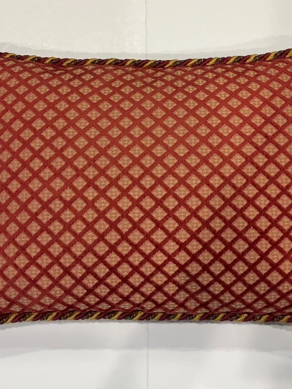 Italian made Damask rope trimmed lumbar pillow 16”x11” in red